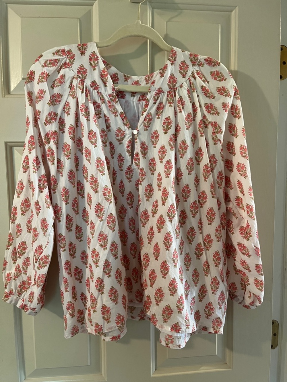 Emerson Fry Peasant Blouse hand block print of marigolds M 💯 cotton